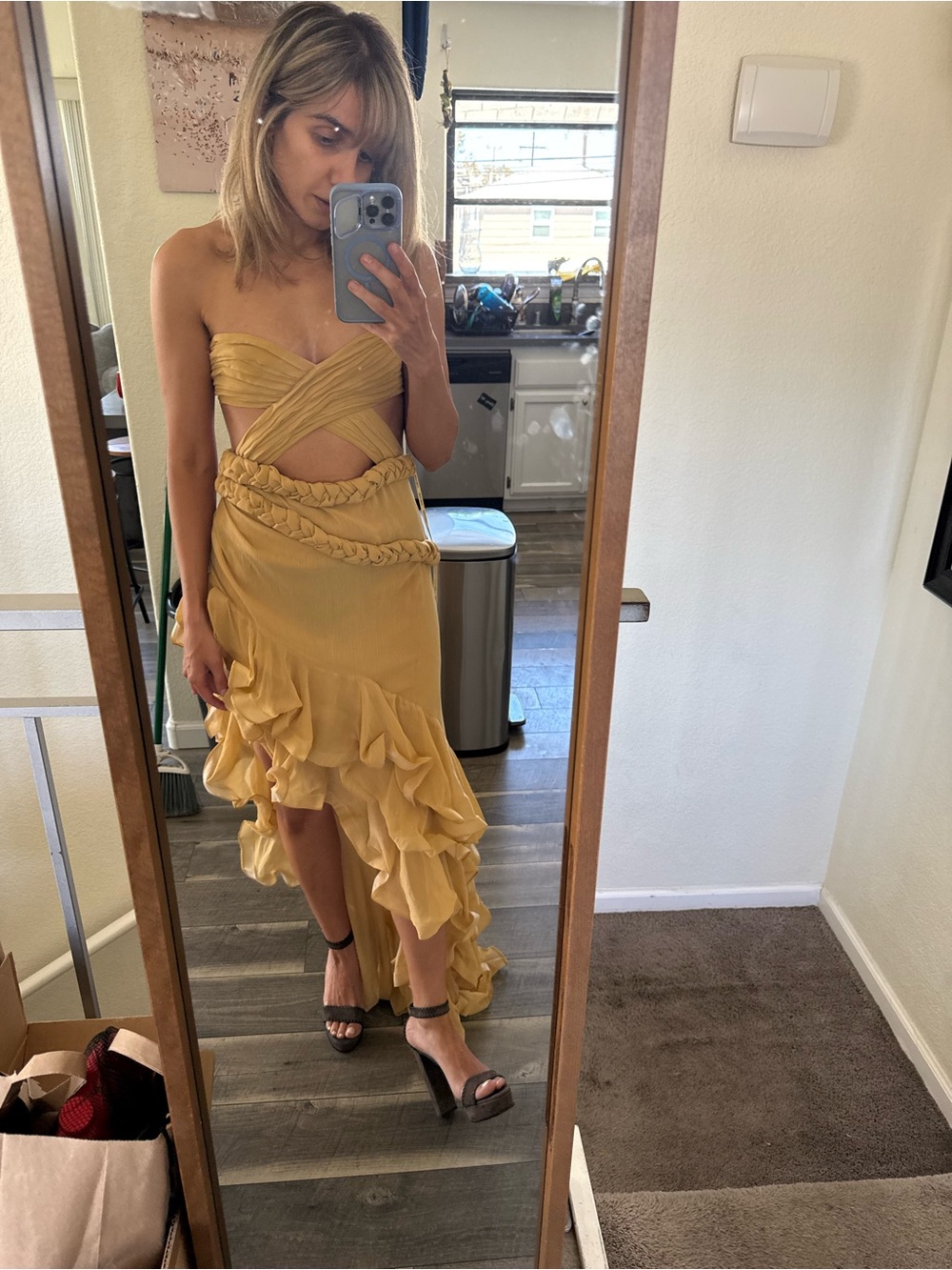 Bronx and Banco Mustard Yellow Cutout Ruffle Maxi Dress